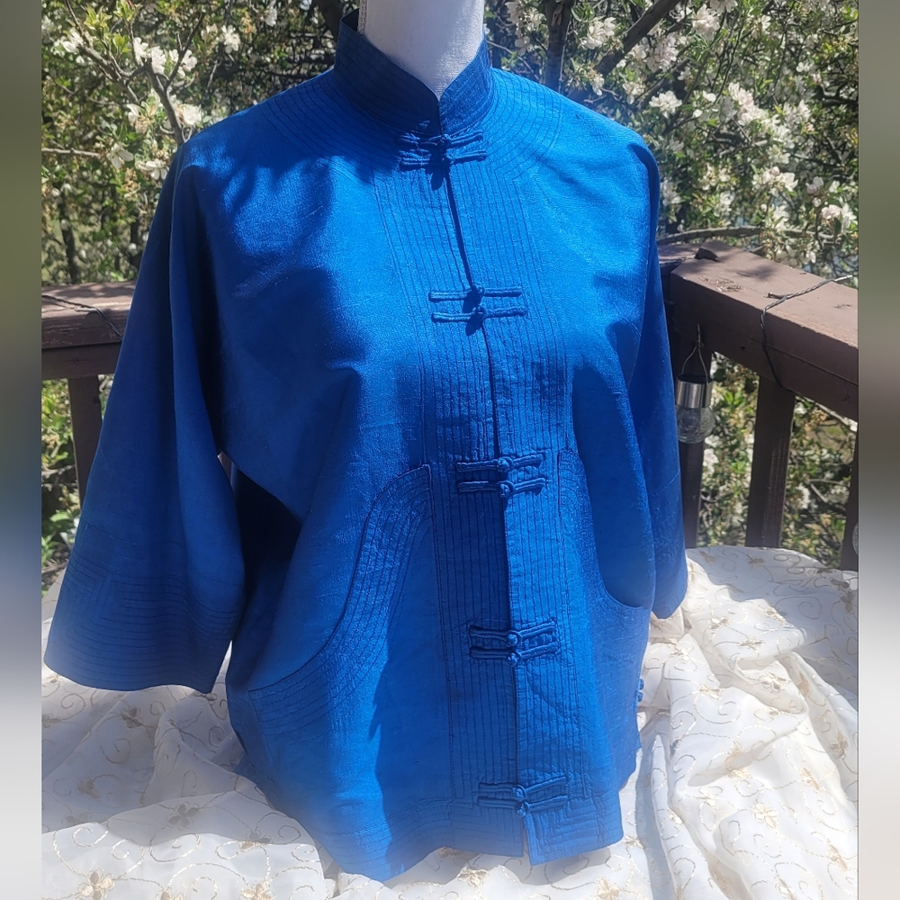 Exotic Slam Pure Silk Vibrant Blue Mandarin Collar Jacket
